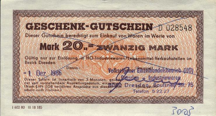 DDR HO Gutschein 20 Mark (1-) 