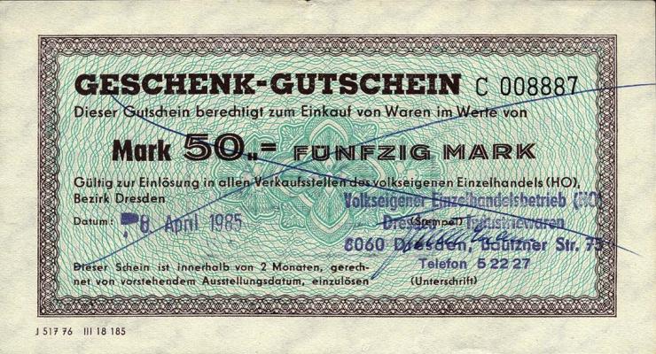 DDR HO Gutschein 50 Mark (1-) 