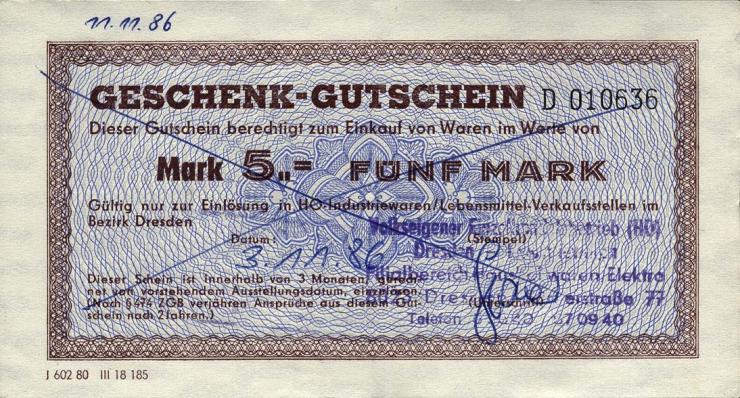 DDR HO Gutschein 5 Mark (1-) 