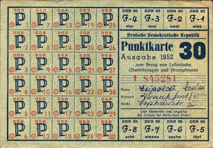 DDR Lebensmittelkarte 1952 (1-) 