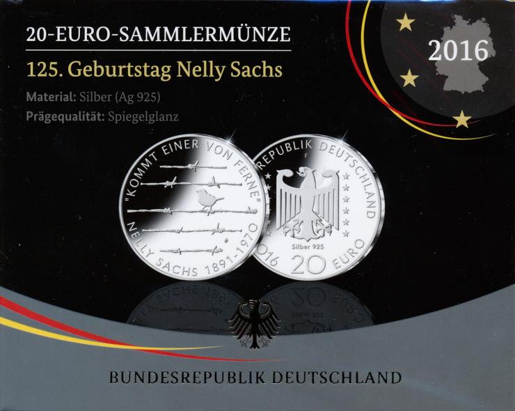 Deutschland 20 Euro 2016 Nelly Sachs PP 