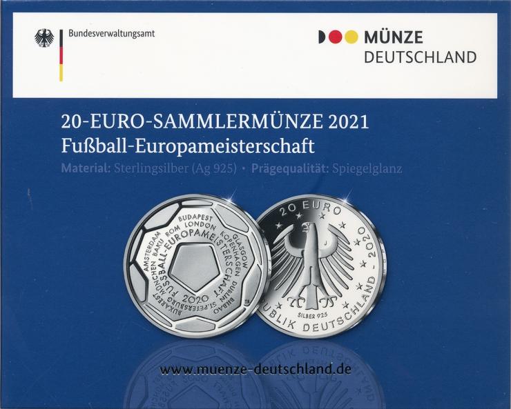 Deutschland 20 Euro 2021 Fußball Europameisterschaft 2020 PP 