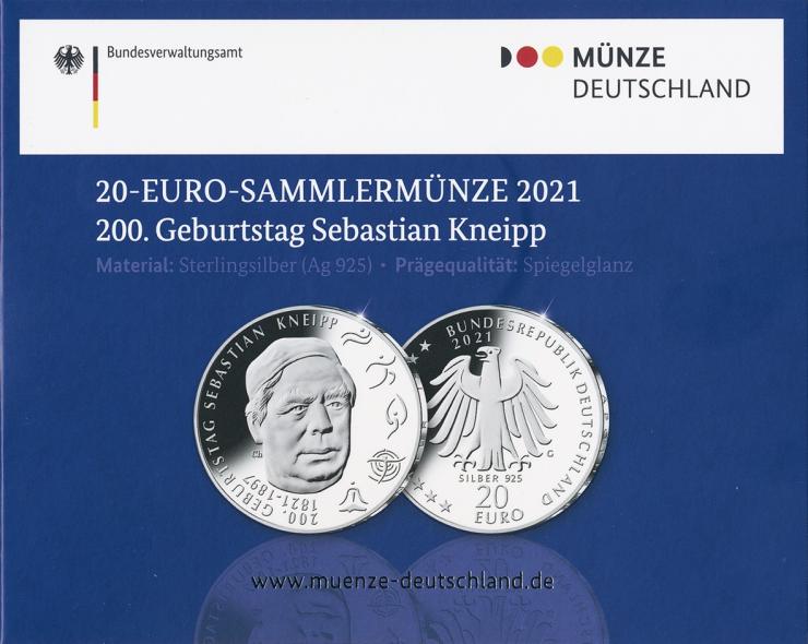 Deutschland 20 Euro 2021 Sebastian Kneipp PP 