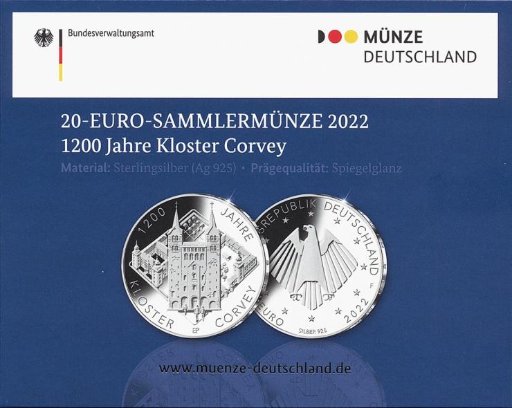 Deutschland 20 Euro 2022 1200 Jahre Kloster Corvey PP 