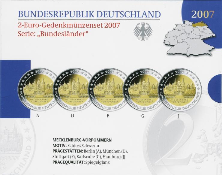 Deutschland 2-Euro-Gedenkmünzset 2007 Mecklenburg-Vorpommern (Schweriner Schloß) PP 