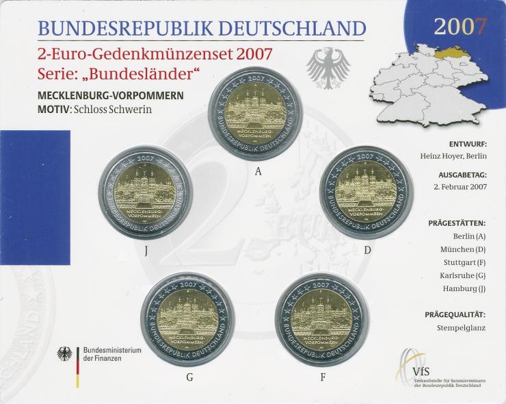 Deutschland 2-Euro-Gedenkmünzset 2007 Mecklenburg-Vorpommern (Schweriner Schloß) stg 