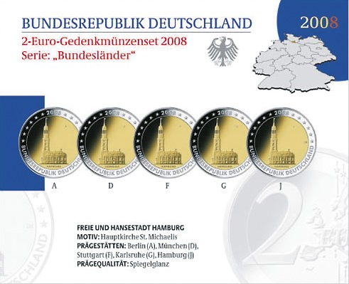 Deutschland 2-Euro-Gedenkmünzset 2008 Hamburg (Hamburg St. Michaelis) PP 