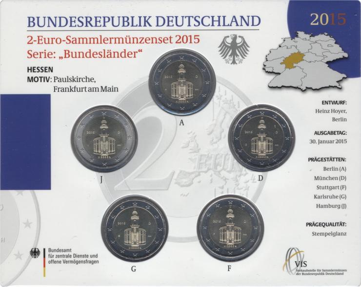 Deutschland 2-Euro-Sammlermünzenset 2015 Hessen (Frankfurter Paulskirche) stg 
