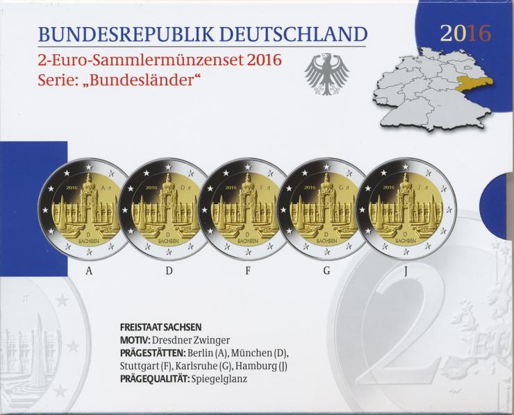 Deutschland 2-Euro-Sammlermünzenset 2016 Sachsen (Kronentor des Dresdner Zwingers) PP 