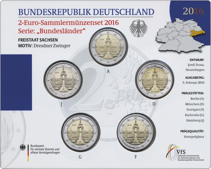 Deutschland 2-Euro-Sammlermünzenset 2016 Sachsen (Kronentor des Dresdner Zwingers) stg 