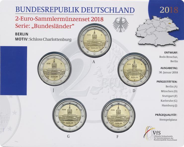 Deutschland 2-Euro-Sammlermünzenset 2018 Berlin (Schloss Charlottenburg) stg 