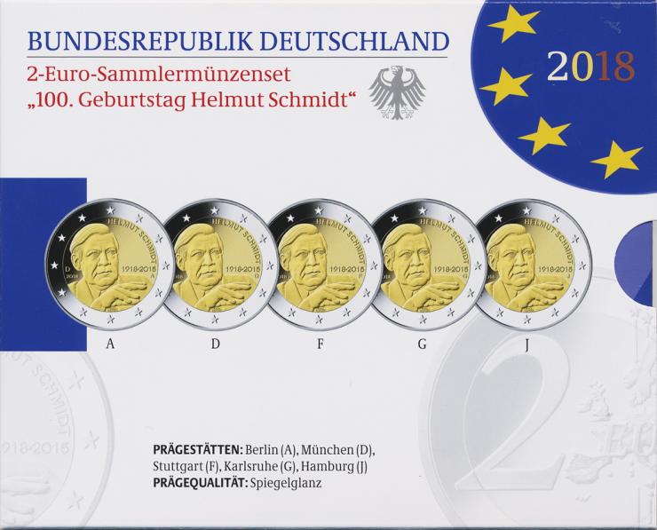Deutschland 2-Euro-Sammlermünzenset 2018 Helmut Schmidt PP 