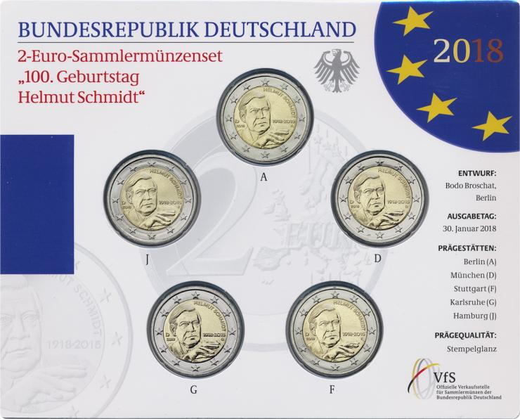 Deutschland 2-Euro-Sammlermünzenset 2018 Helmut Schmidt stg 