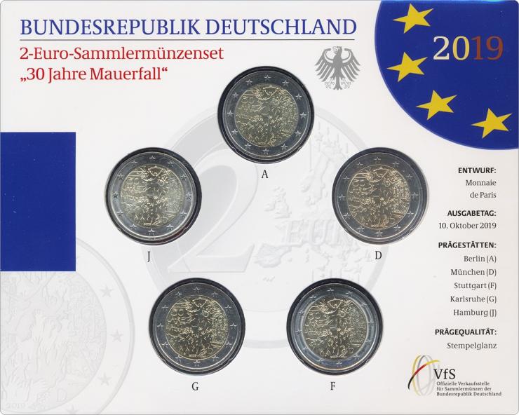 Deutschland 2-Euro-Sammlermünzenset 2019 30 Jahre Mauerfall stg 