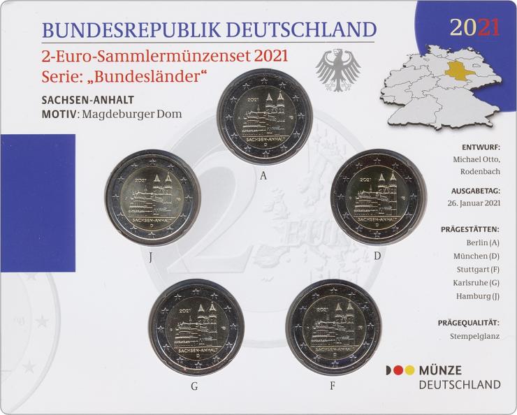 Deutschland 2-Euro-Sammlermünzenset 2021 Sachsen-Anhalt (Magdeburger Dom) stg 