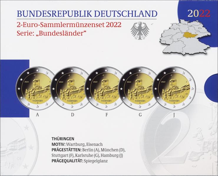 Deutschland 2-Euro-Sammlermünzenset 2022 Thüringen (Wartburg, Eisenach) PP 