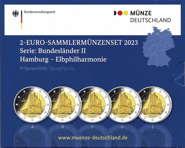 Deutschland 2-Euro-Sammlermünzenset 2023 Hamburg (Elbphilharmonie) PP 