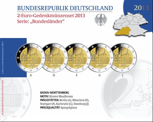 Deutschland 2-Euro-Gedenkmünzset 2013 Baden-Württemberg (Kloster Maulbronn) PP 