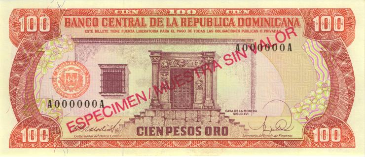 Dom. Republik/Dominican Republic P.128s1 100 Pesos Oro 1988 Specimen (1) 