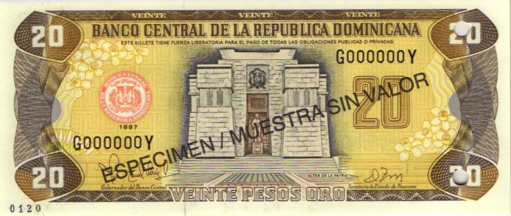 Dom. Republik/Dominican Republic P.154s1 20 Pesos Oro 1997 SPECIMEN (1) 
