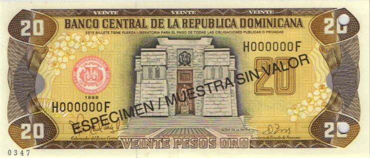 Dom. Republik/Dominican Republic P.154s2 20 Pesos Oro 1998 SPECIMEN (1) 