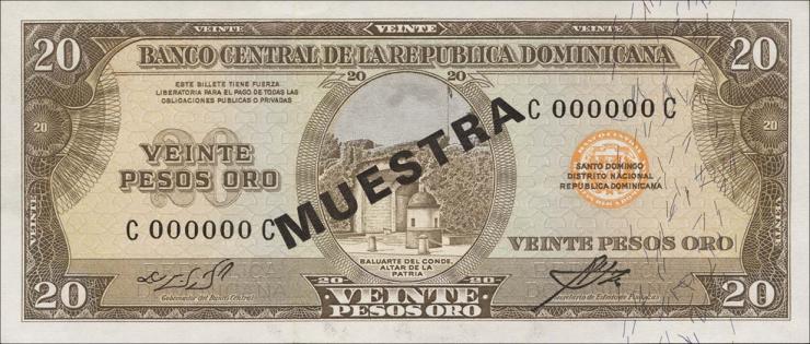 Dom. Republik/Dominican Republic P.102s1 20 Pesos Oro (1964-74) (1) 