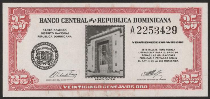 Dom. Republik/Dominican Republic P.087a 25 CentavosOro 1961 