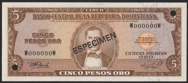Dom. Republik/Dominican Republic P.109s 5 Pesos Oro 1976 