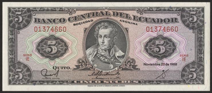 Ecuador P.113d 5 Sucres 1988 (1) 