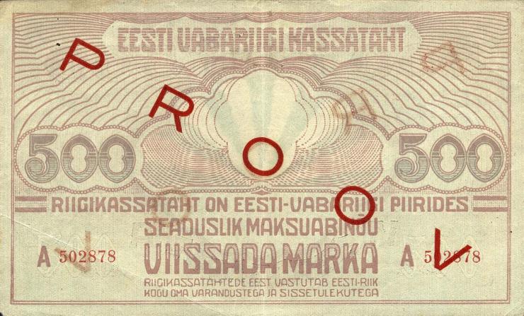 Estland / Estonia P.49s 500 Marka (1921) Serie A Specimen (2) 