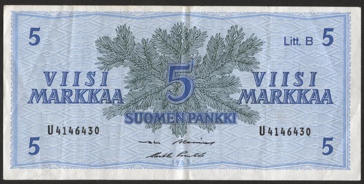 Finnland / Finland P.106A 5 Markkaa 1963 Litt. B (3) 