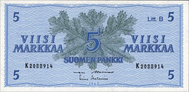 Finnland / Finland P.106A 5 Markkaa 1963 Litt. B (1) 
