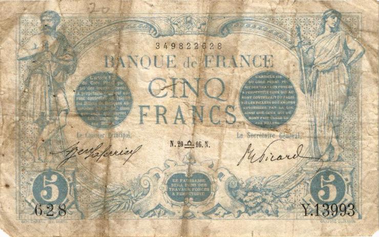 Frankreich / France P.070 5 Francs 1916 (5) 