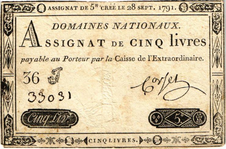 Frankreich / France P.A049 Assignat 5 Livres 28.9.1791 (3) 