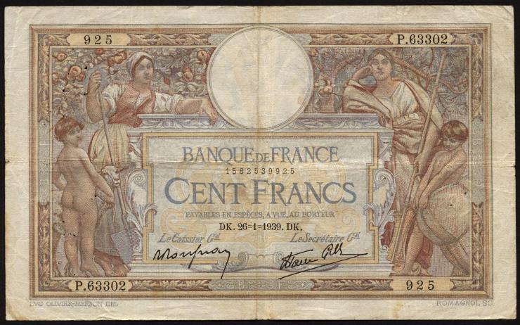Frankreich / France P.086b 100 Francs 1937-38 (3) 