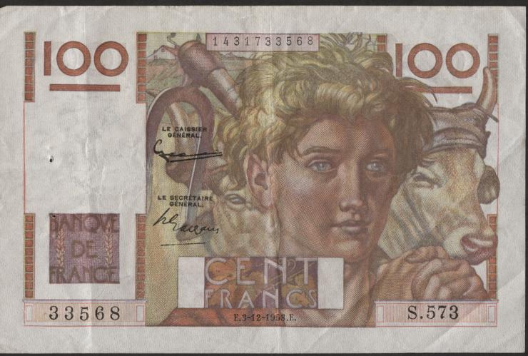 Frankreich / France P.128d 100 Francs 1953 (3) 