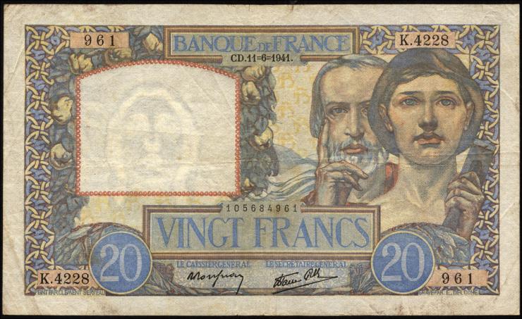 Frankreich / France P.092b 20 Francs 1941 (3-) 