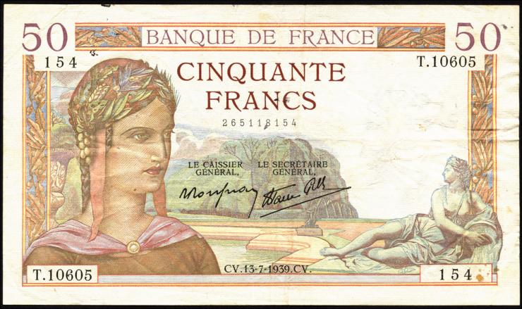 Frankreich / France P.085b 50 Francs 1939-40 (3) 