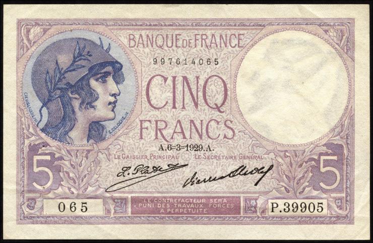 Frankreich / France P.072d 5 Francs 1929 (2) 