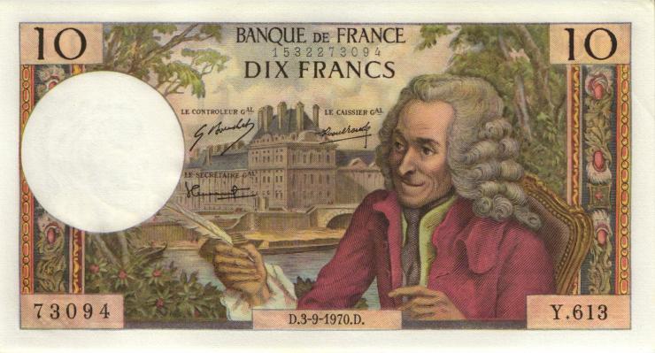 Frankreich / France P.147c 10 Francs 3.9.1970 (1) 