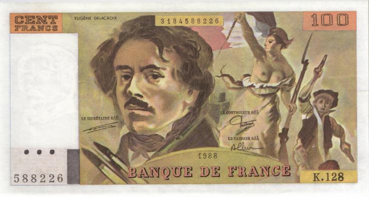 Frankreich / France P.154d 100 Francs 1988 (1/1-) 