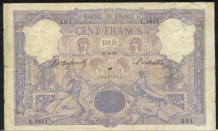 Frankreich / France P.065b 100 Francs 27.4.1894 (4) 