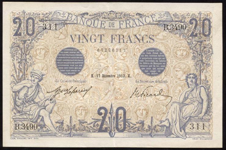 Frankreich / France P.068b 20 Francs 17.12.1912 (2) 