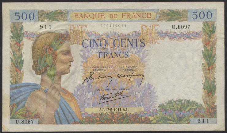 Frankreich / France P.095c 500 Francs 17.5.1944 (2) 