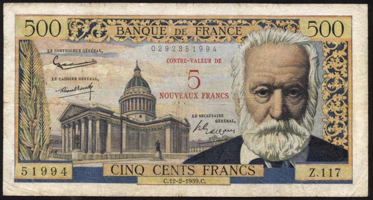 Frankreich / France P.137b 5 Neue Francs auf 500 Francs 1959 (4) 