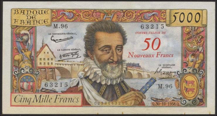Frankreich / France P.139a 50 NF auf 5000 Francs 1958 (2) 