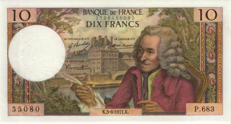 Frankreich / France P.147d 10 Francs 3.6.1971 (2/1) 