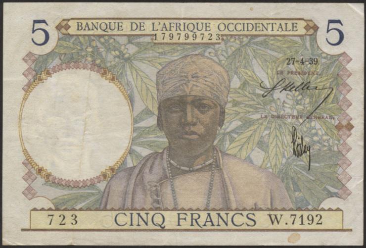 Franz. Westafrika / French West Africa P.21 5 Francs 1939-41 (3) 