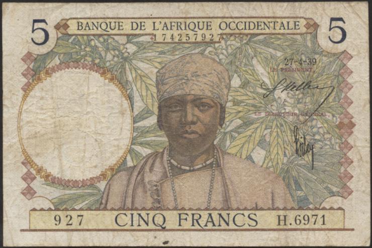 Franz. Westafrika / French West Africa P.21 5 Francs 1939-41 (4) 