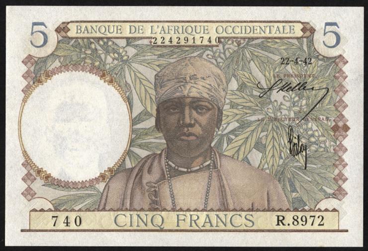 Franz. Westafrika / French West Africa P.25 5 Francs 1942 (1/1-) 